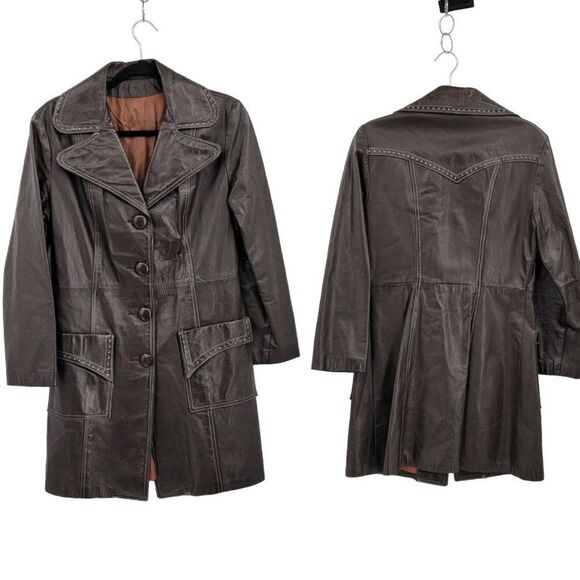 Vtg 70's Womens Leather Trench Coat Cowgirl Western Contrast Stitching Brown S - Picture 1 of 11